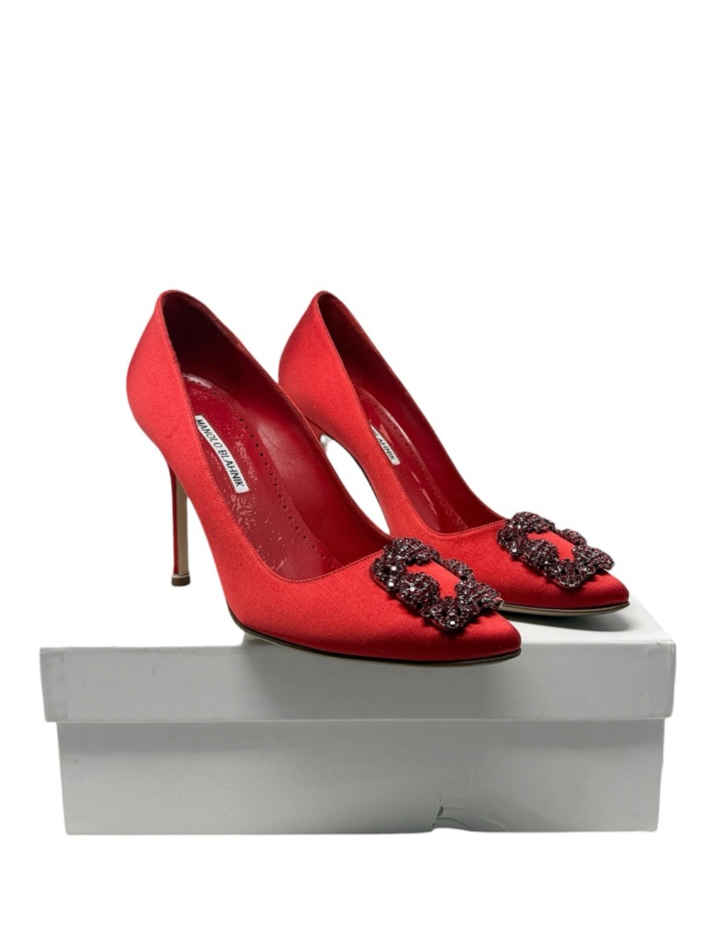 Manolo Blahnik Hangisi Crystal Buckle Red Satin Heels Pumps Size 39.5